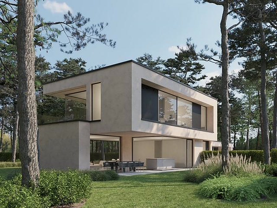 Impressie van een mogelijke woning op het perceel, tussen de dennen