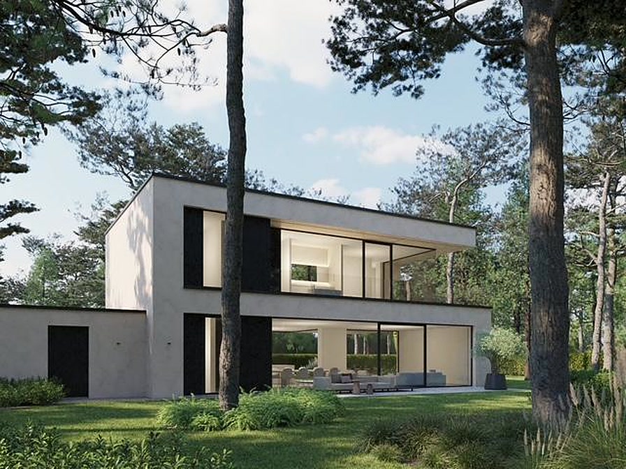Impressie van een woning tussen de hoge dennen, met het achterliggende bos