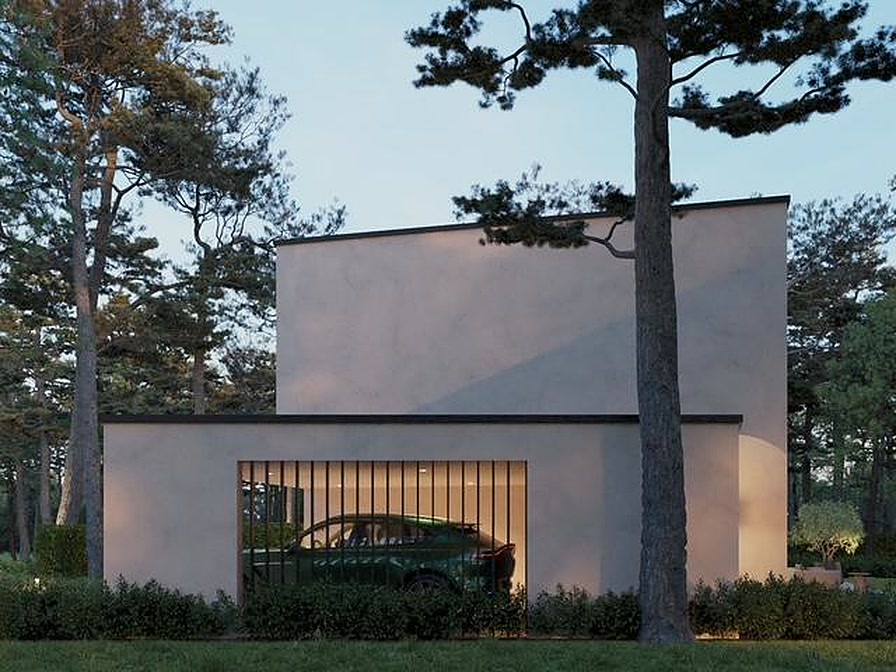 Impressie · carport en gevel bij avondlicht